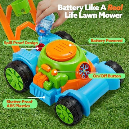 SLOOSH Bubble Lawn Mower Toddler Toys - Pretend Play Bubble Blower Machine Gardening Toy Leak-Proof for Indoor Outdoor Use, Push Toys Preschool Baby Boys Kids Halloween Birthday Gifts (Blue)