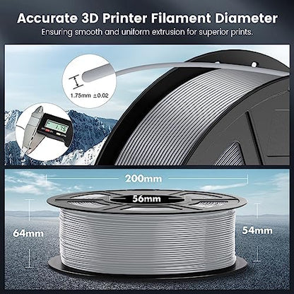 SUNLU PLA 3D Printer Filament PLA Filament 1.75mm, Neatly Wound 3D Printing Filament 1.75mm, Dimensional Accuracy +/- 0.02 mm, Fit Most FDM 3D Printers, 1kg Spool (2.2lbs),Silver