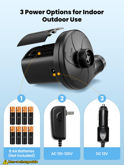 Dr.meter Air Mattress Pump, 3 Ways Powered Portable Electric Air Pump with 3-Nozzle AC 110V, DC 12V, Battery Operated Quick-Fill Inflator Deflator for Inflatable Pool Float Air Bed Boat Swimming Ring