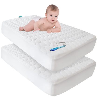 Crib Mattress Protector Sheets Waterproof 2 Pack, Quilted Crib Mattress Pad Cover Fitted Fits for Toddler Bed Mattress, White, 52” x 28”
