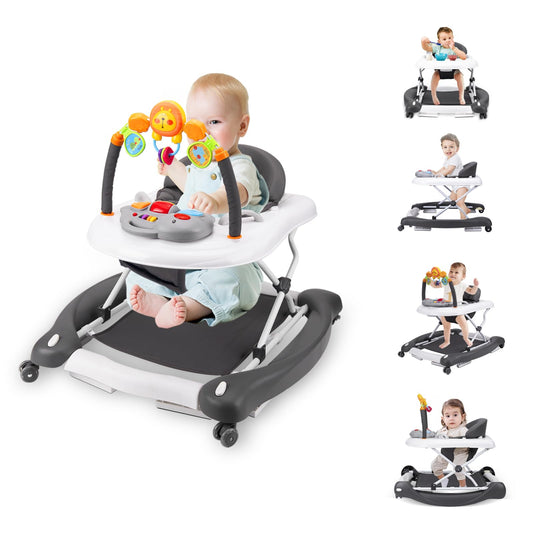 Boyro Baby Baby Walker, 5-in-1 Baby Walkers for Boys and Girls 6-12 Months with Bouncer, Removable Footrest, Feeding Tray & Music, Foldable & Adjustable Activity Walker for 6-18 Months Toddler Infant