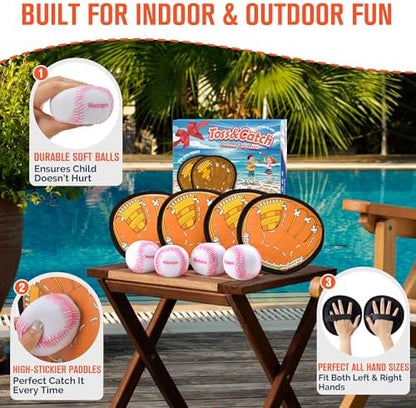 Toss and Catch Ball Outdoor Games: Kids Baseball Glove Toys for Sports & Outdoor Play - Outside Beach/Yard/Camping Games for Family - Birthday Gift for Boys Ages 3-12 (Upgraded 4-Pack)