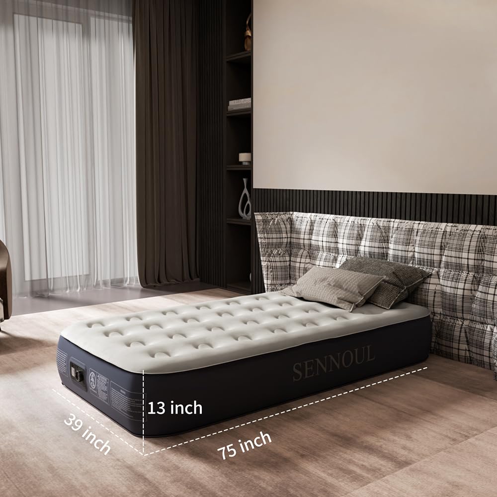 SENNOUL Air Mattress Twin with Built in Pump - 2 Mins Quick Self Inflatable,13"/550lbs Max Blow Up Bed, All Night Stability No Lost Air，No Peculiar Smell for Camping,Home,Guests & Portable Travel