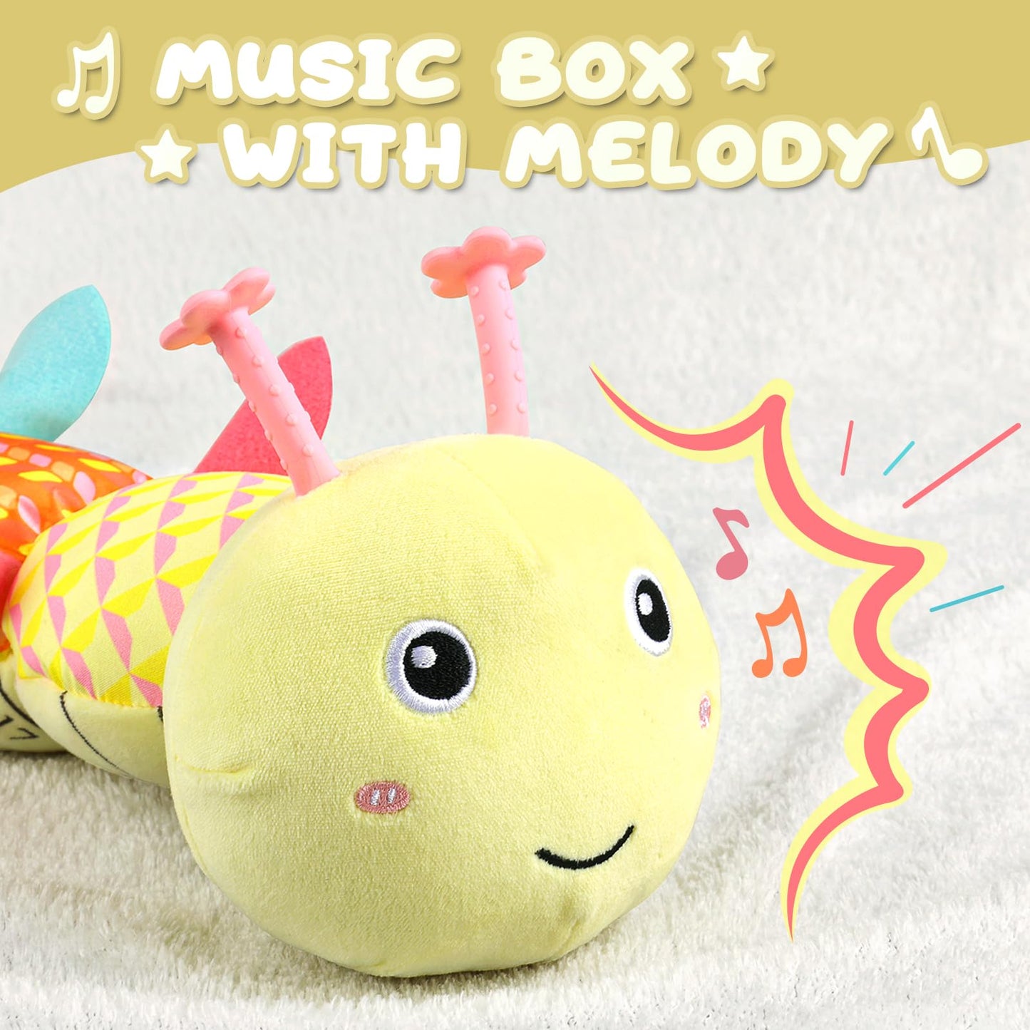 Awotoy Baby Toys 0 to 12 Months, Musical Stuffed Animal Activity Soft Toys with Multi-Sensory Crinkle, Rattle and Textures, Infant Tummy Time Toys for Newborn Boys Girls, Caterpillar, Yellow