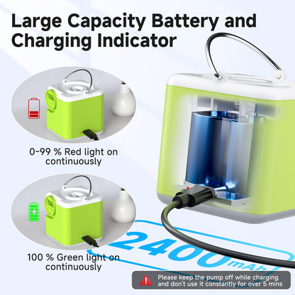 Portable Air Pump for Inflatables, 4.5kPa Mini Air Mattress Pump with Camping Light, 2400mAh Battery Rechargeable Air Pump for Pool Floats, Sleeping Pads, Swimming Ring, Vacuum Storage Bags, Green