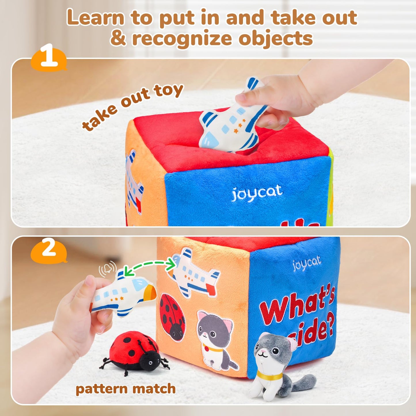 JoyCat Baby Toys 6-12 Months - Mystery Soft Box with 10 Sensory Objects, Rattle, Crinkle Paper, Mirror - What's Inside Box Infant Gifts, Soft Busy Toys 1-2 - Baby Birthday Gifts Boy Girl Chirstmas