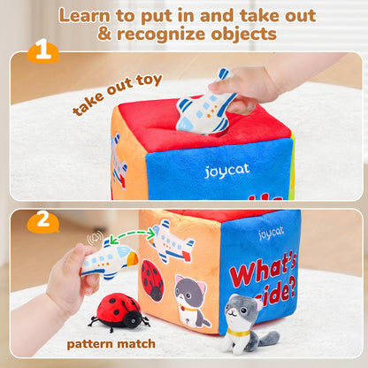 JoyCat Baby Toys 6-12 Months - Mystery Soft Box with 10 Sensory Objects, Rattle, Crinkle Paper, Mirror - What's Inside Box Infant Gifts, Soft Busy Toys 1-2 - Baby Birthday Gifts Boy Girl Chirstmas
