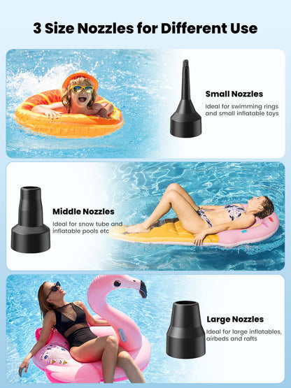 Dr.meter Air Mattress Pump, 3 Ways Powered Portable Electric Air Pump with 3-Nozzle AC 110V, DC 12V, Battery Operated Quick-Fill Inflator Deflator for Inflatable Pool Float Air Bed Boat Swimming Ring