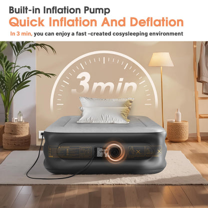 VOSSER Twin Air Mattress with Built in Pump,Inflatable Mattress 2 Mins Self-Inflation/Deflation,Thicker Blow up Mattress Leak-Proof,Flocked Top Air Bed with Storage Bag for Home, Camping & Guests
