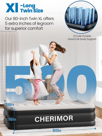 CHERIMOR Twin XL Air Mattress with Built-in Pump, 18" Raised Comfort, 80“ Length, 48Hr Leak-Proof Test, Upgraded Honeycomb Pillar Design, Supports 500 lbs, 2-Min Inflation for Home, Guests & Camping