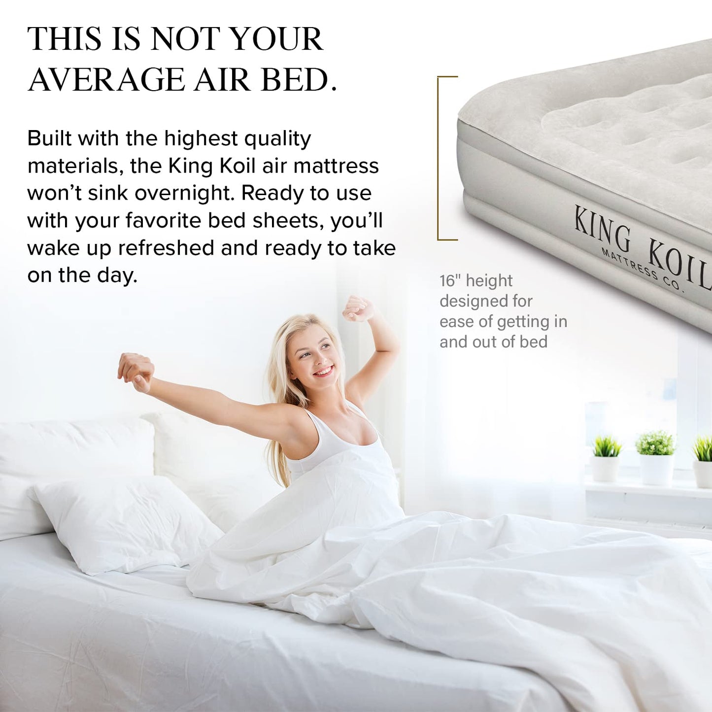King Koil Luxury California King Air Mattress with Built-in Pump for Home, Camping & Guests - 16” King Size Inflatable Airbed Luxury Double High Adjustable Blow Up Mattress, Durable Waterproof
