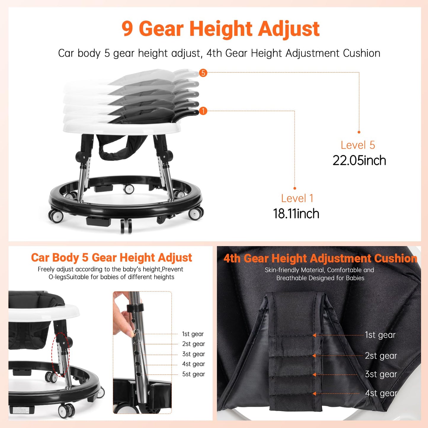 TreeCute Baby Walker Foldable with 9 Adjustable Heights, Baby Walker with Wheels Portable, Infant Toddler Walker for Baby Boy Girls 6-18 Months
