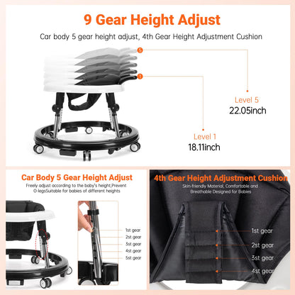 TreeCute Baby Walker Foldable with 9 Adjustable Heights, Baby Walker with Wheels Portable, Infant Toddler Walker for Baby Boy Girls 6-18 Months
