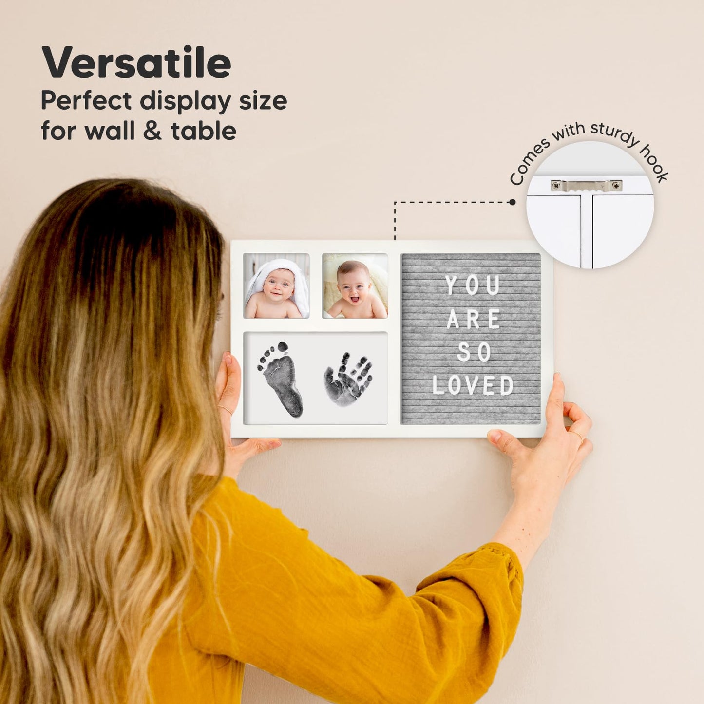 Baby Hand & Footprint Kit with Felt Letterboard, Inkless Ink Pad - Personalized New Mom Gifts for Baby Announcement, Cute Nursery Newborn Picture Frame,Ideal Dog Nose & Paw Print Kit(Alpine White)