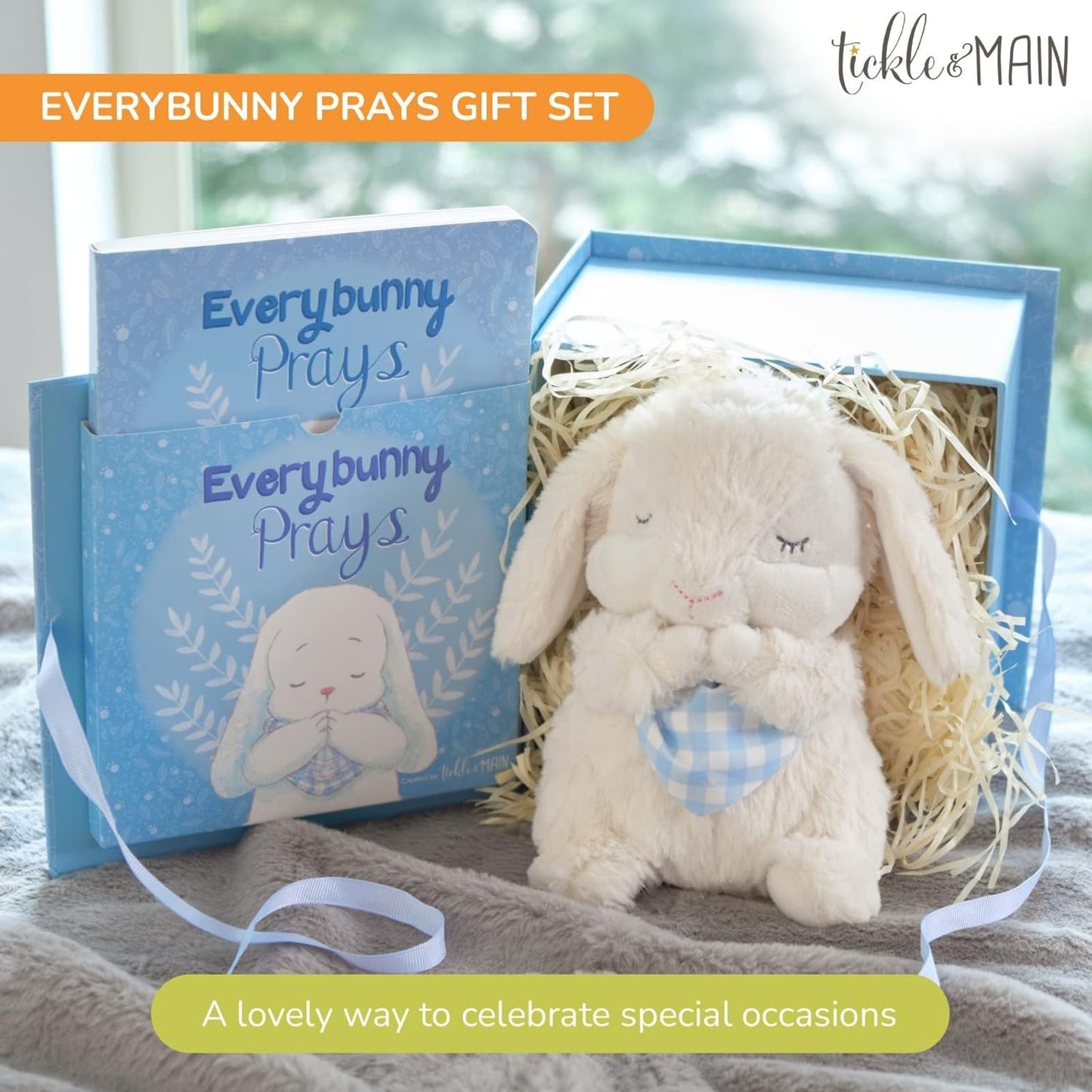 Tickle & Main Baptism Gifts for Boys Praying Musical Bunny Set - 7 in Blue Plush & Illustrated Board Book - Christening Present for Boys & Baptismal Treasures Reciting Now I Lay Me Down to Sleep