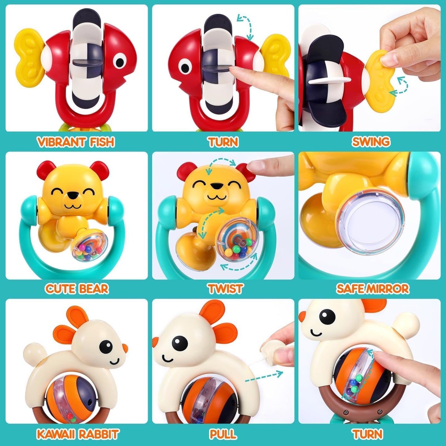 Baby Toys 6-12 Months Infant Toy Set of 3 High Chair Suction Cup Rattle Teething Toys for Babies 6 7 9 12-18 Months 2-in-1 Sensory Development Tray Toy Baby Gifts for Boys Girls