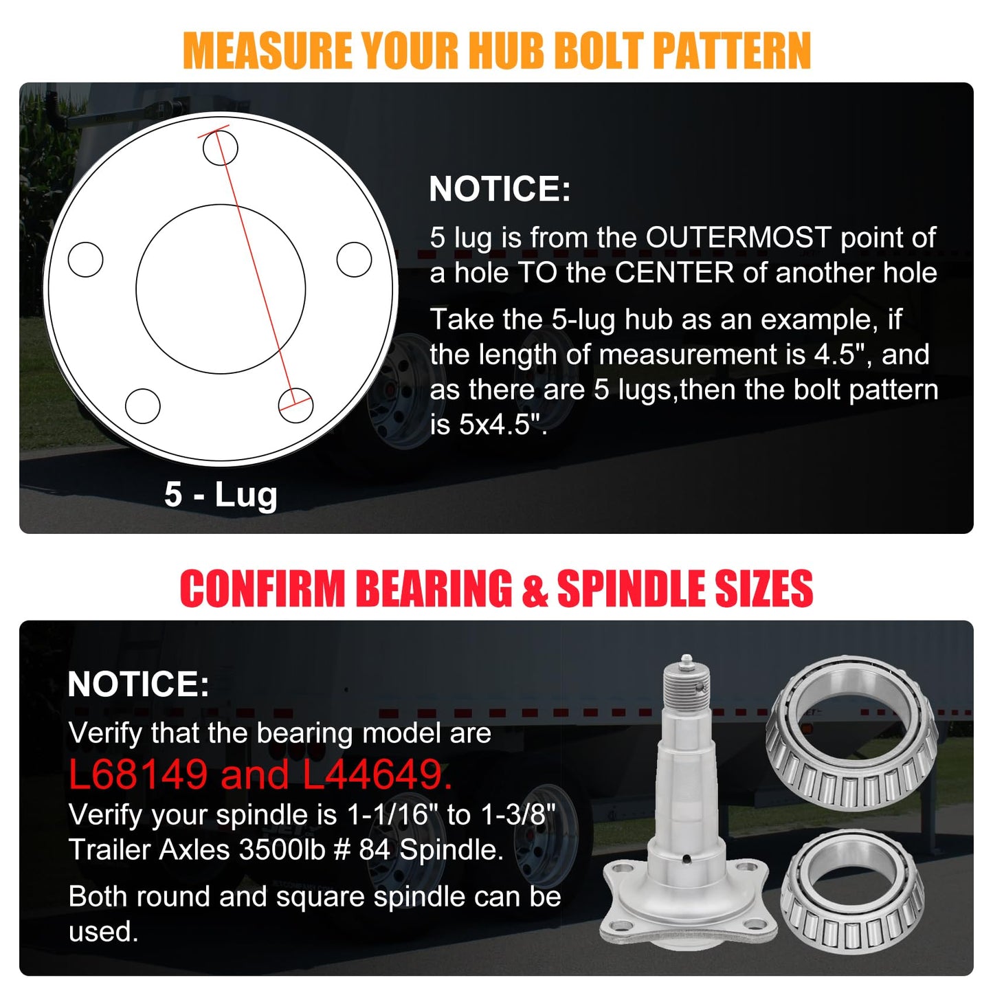 2 Sets 3500lb Trailer Axle Trailer Hub Kit 5 Bolt 4.5",5×4.5 Trailer Hub fit 1-1/16" to 1-3/8" Tapered Trailer Spindle,Trailer Hub Assembly,Boat Trailer Hubs 5 Lug (Not Fit for Straight Spindle)