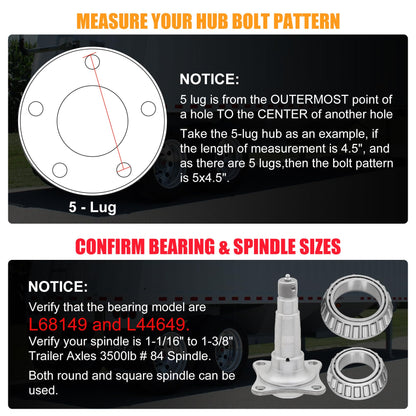 2 Sets 3500lb Trailer Axle Trailer Hub Kit 5 Bolt 4.5",5×4.5 Trailer Hub fit 1-1/16" to 1-3/8" Tapered Trailer Spindle,Trailer Hub Assembly,Boat Trailer Hubs 5 Lug (Not Fit for Straight Spindle)