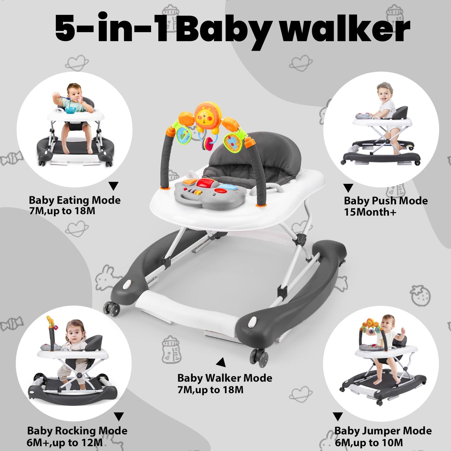 Boyro Baby Baby Walker, 5-in-1 Baby Walkers for Boys and Girls 6-12 Months with Bouncer, Removable Footrest, Feeding Tray & Music, Foldable & Adjustable Activity Walker for 6-18 Months Toddler Infant
