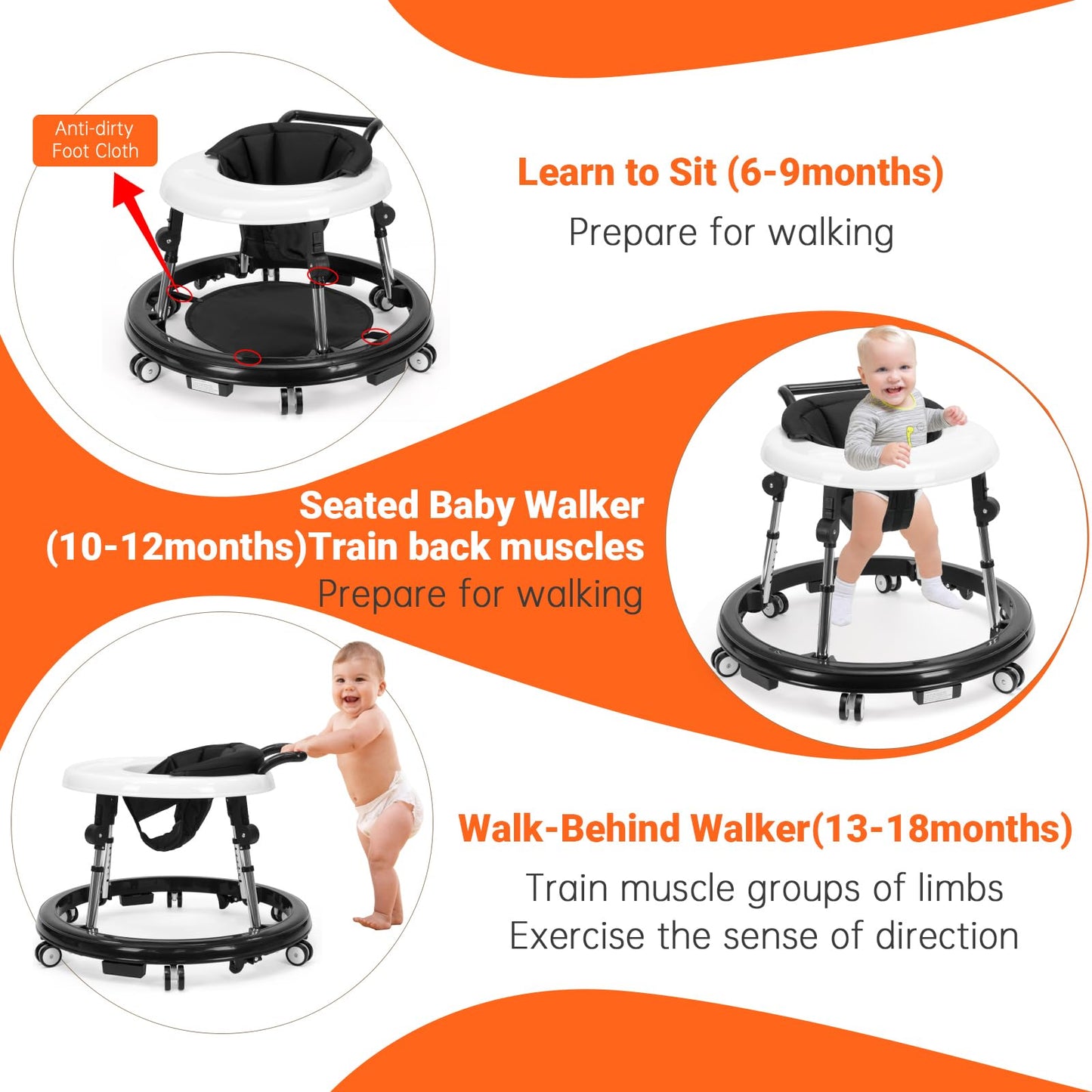 TreeCute Baby Walker Foldable with 9 Adjustable Heights, Baby Walker with Wheels Portable, Infant Toddler Walker for Baby Boy Girls 6-18 Months
