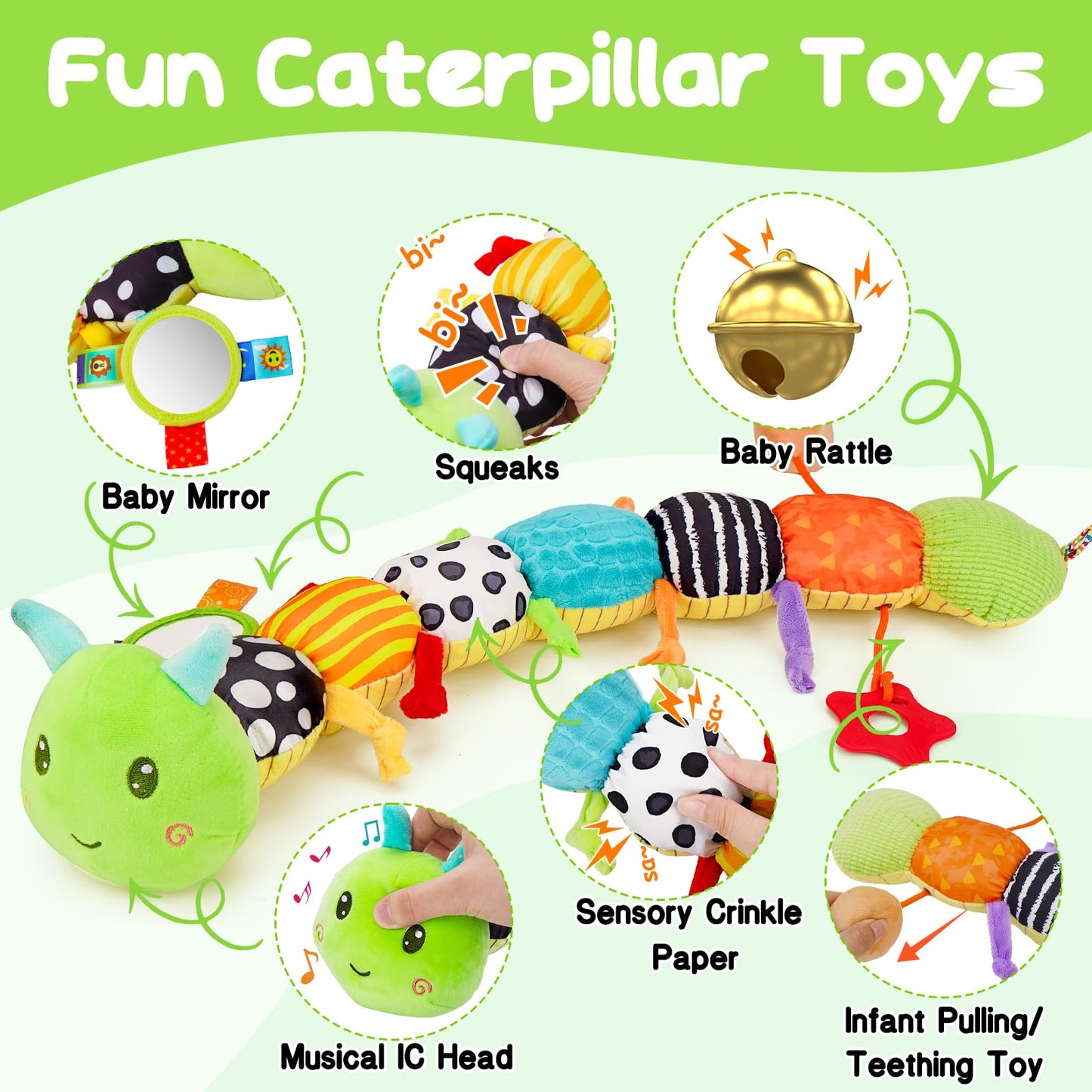 Baby Sensory Toy 0-6 Month Music Animal Stuffed Plush Caterpillar Toy for Infant 0-3-6 Month Tummy Time with Baby Mirror Crinkle Rattle for 6-12 Month Carseat Toys for Newborn Boys Girls Shower 1