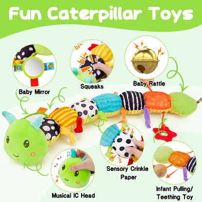 Baby Sensory Toy 0-6 Month Music Animal Stuffed Plush Caterpillar Toy for Infant 0-3-6 Month Tummy Time with Baby Mirror Crinkle Rattle for 6-12 Month Carseat Toys for Newborn Boys Girls Shower 1