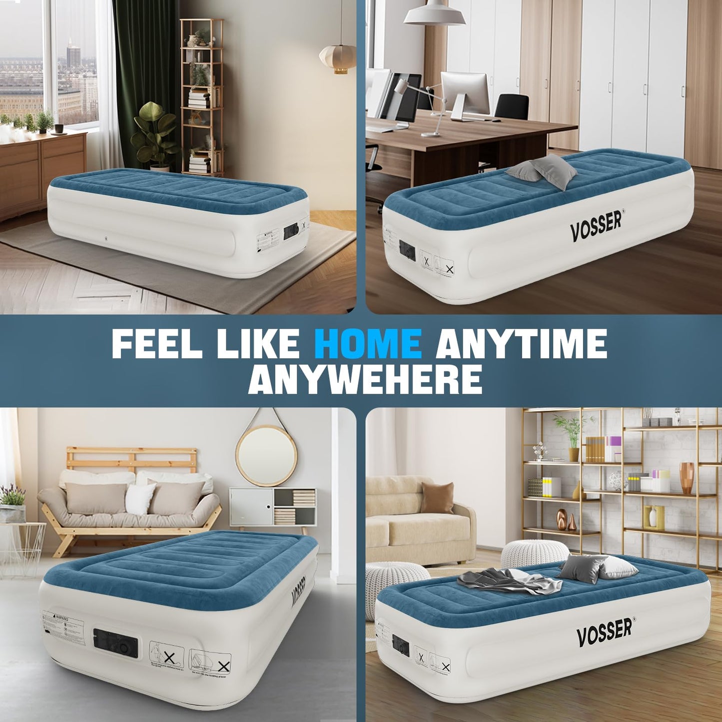 VOSSER Twin Air Mattress with Built-in Pump,Fast & Easy Inflation/Deflation Inflatable Mattress, Foldable Blow Up Mattress with Storage Bag, Inflatable Bed for Home, Camping & Guests