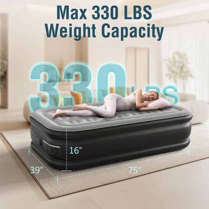 Ezyrest Twin Air Mattress Twin with Built in Pump 16" Double Height Inflatable Mattress with Soft Flocked Top & Carry Bag Adjustable Blow Up Mattress Portable Air Bed for Guest Indoor Travel-Black