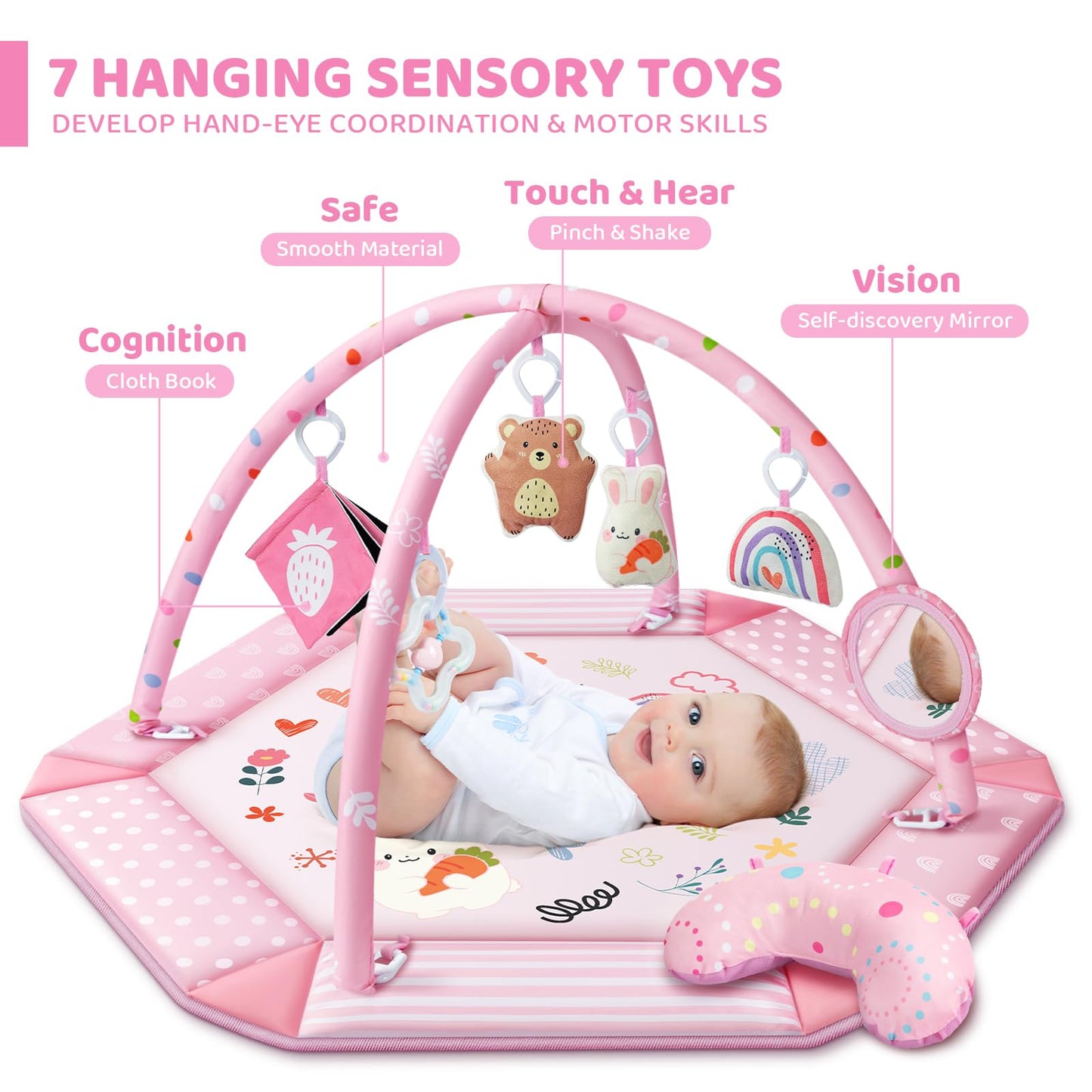 Baby Gym Play Mat, 8-in-1 Tummy Time Mat & Ball Pit with 6 Toys, Washable Baby Activity Mat for Visual, Hearing, Sensory, Motor Development, Babies Gift for Newborn Infant 0-3-6-9-12 Months (Pink)