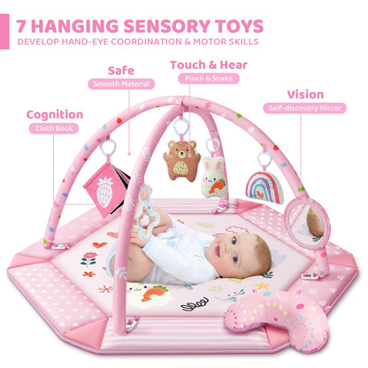 Baby Gym Play Mat, 8-in-1 Tummy Time Mat & Ball Pit with 6 Toys, Washable Baby Activity Mat for Visual, Hearing, Sensory, Motor Development, Babies Gift for Newborn Infant 0-3-6-9-12 Months (Pink)