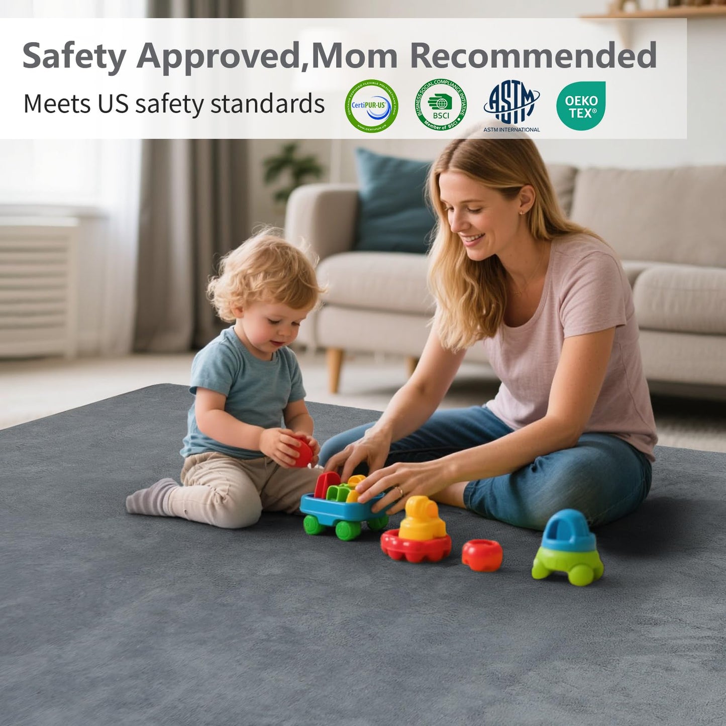 Huloo Sleep Baby Play Mat for Floor,1.3" Thick Elasti-Foam 50"×50" Playpen Mat for Tummy Time,Water Repellent Soft Coral Velvet for Toddler,Infant,Kids,Non-Slip Backing Safe for Crawling(Dark Grey)