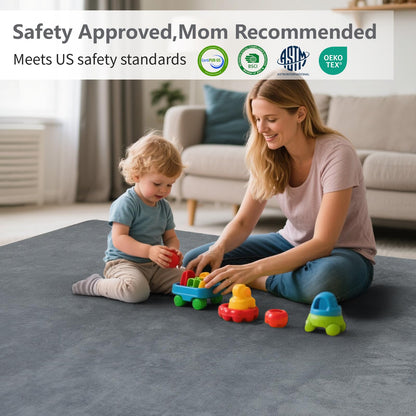 Huloo Sleep Baby Play Mat for Floor,1.3" Thick Elasti-Foam 50"×50" Playpen Mat for Tummy Time,Water Repellent Soft Coral Velvet for Toddler,Infant,Kids,Non-Slip Backing Safe for Crawling(Dark Grey)