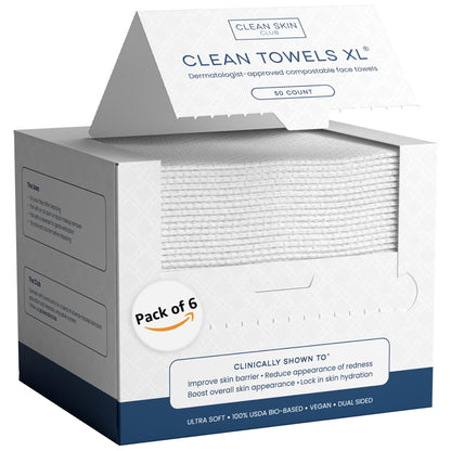Clean Skin Club Clean Towels XL™, 100% USDA Biobased Face Towel, Disposable Face Towelette, Eczema Association Accepted, Makeup Remover Dry Wipes, Ultra Soft, 300 Ct, 6 Pack