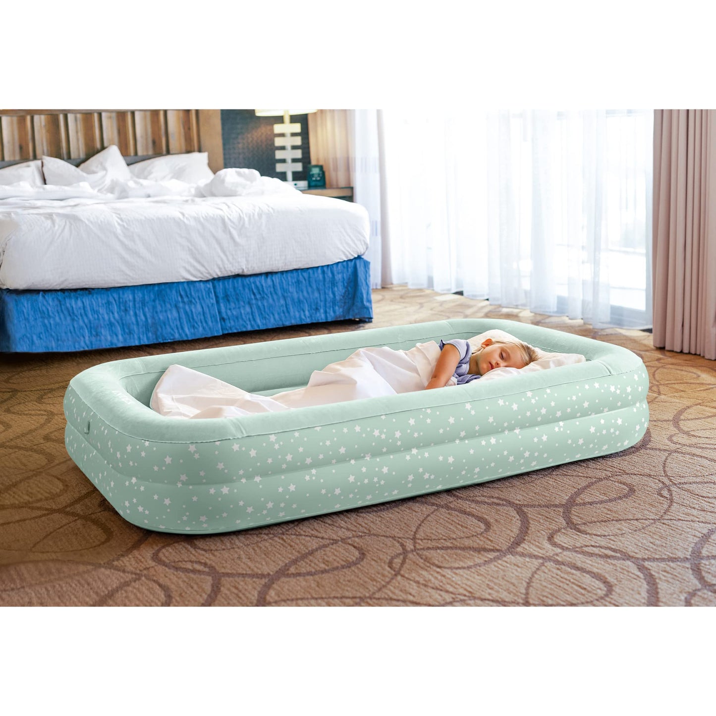 Intex Kids Travel Air Mattress Inflatable Bed with Raised Sides and Hand Pump - Portable Blow-Up Toddler Traveler Bed for Children's Naps or Sleep