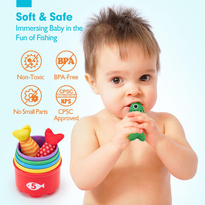 hahaland Montessori Toys for 1 Year Old - 10 in 1 Cloth Toddler Fishing Game with Stacking Cups, Baby Toy 12-18 Months One Year Old Boy Birthday Gift, Toddler Toys for 1 Year Old Boy Girl Gifts