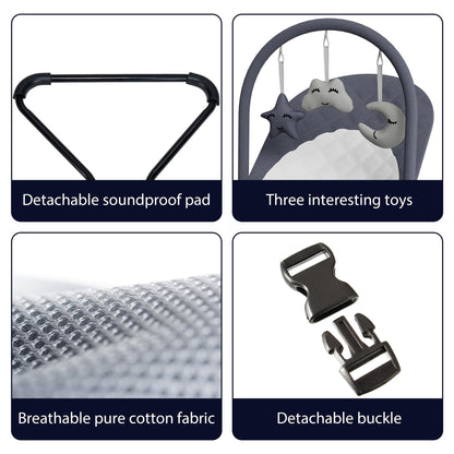 Portable Baby Bouncer Seat for Infants, 0-18 Months, 3 Modes of Use with Rocker & Stationary Options, Ergonomic Infant Chair with Hanging Toys, Baby Shower Gifts – Grey