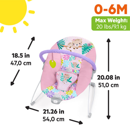 Bright Starts Pink Vibrating Baby Bouncer, Removable Toy Bar with 2 Toys, Nonslip Feet, 0-6 Months Up to 20 lbs (Wildflower Wonders)