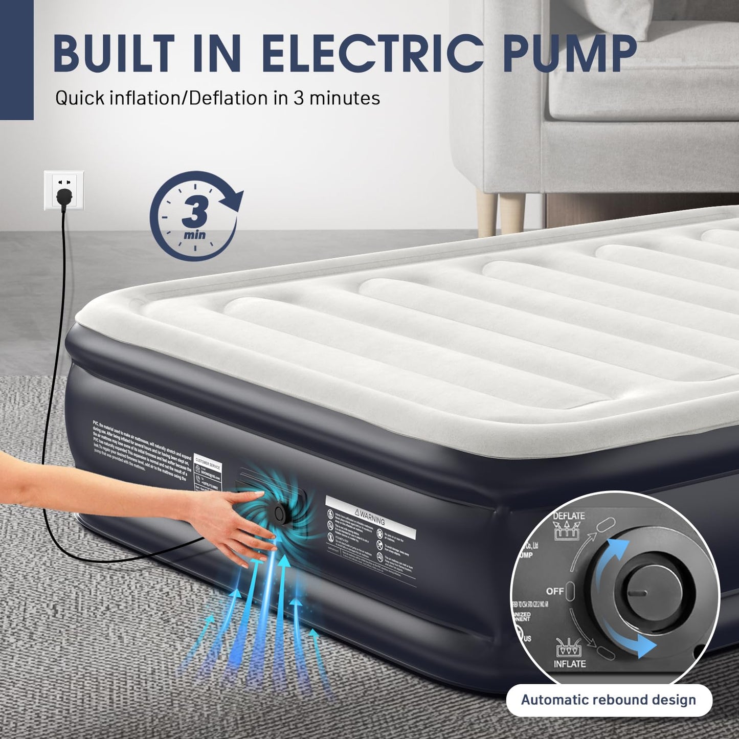 Air Mattress Queen With Built In Pump,18''Raised Blow Up Mattress 2 Mins Self-Inflation/Deflation,Upgraded Thicker Inflatable Mattress，Air Bed with Storage Bag for Guests,Home，Camping，660 lbs Max