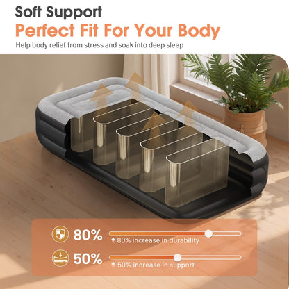 VOSSER Twin Air Mattress with Built in Pump,Inflatable Mattress 2 Mins Self-Inflation/Deflation,Thicker Blow up Mattress Leak-Proof,Flocked Top Air Bed with Storage Bag for Home, Camping & Guests