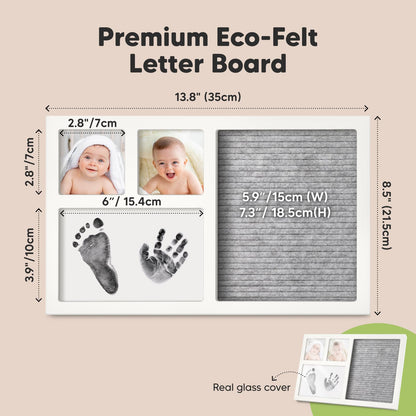 Baby Hand & Footprint Kit with Felt Letterboard, Inkless Ink Pad - Personalized New Mom Gifts for Baby Announcement, Cute Nursery Newborn Picture Frame,Ideal Dog Nose & Paw Print Kit(Alpine White)