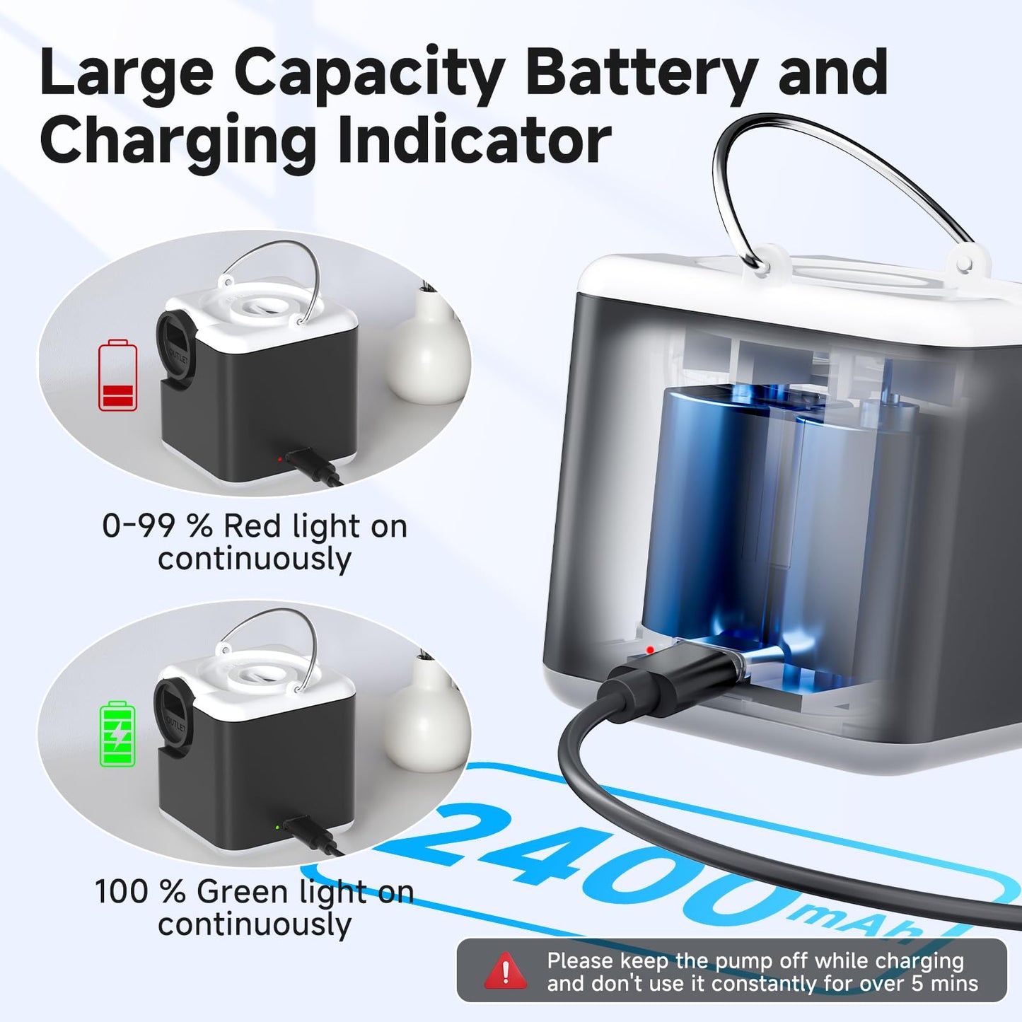 Portable Air Pump for Inflatables, 4.5kPa Mini Air Mattress Pump with Camping Light, 2400mAh Battery Rechargeable Air Pump for Pool Floats, Sleeping Pads, Swimming Ring, Vacuum Storage Bags, Black