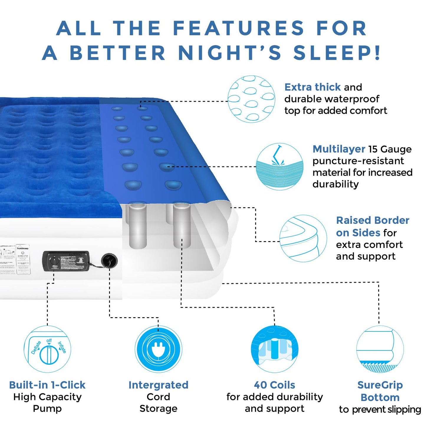 SoundAsleep Products Dream Series Luxury Air Mattress, ComfortCoil Technology, Built-in High Capacity Pump for Home, Camping- Double Height, Adjustable, Inflatable Blow Up, Portable (Full Size)