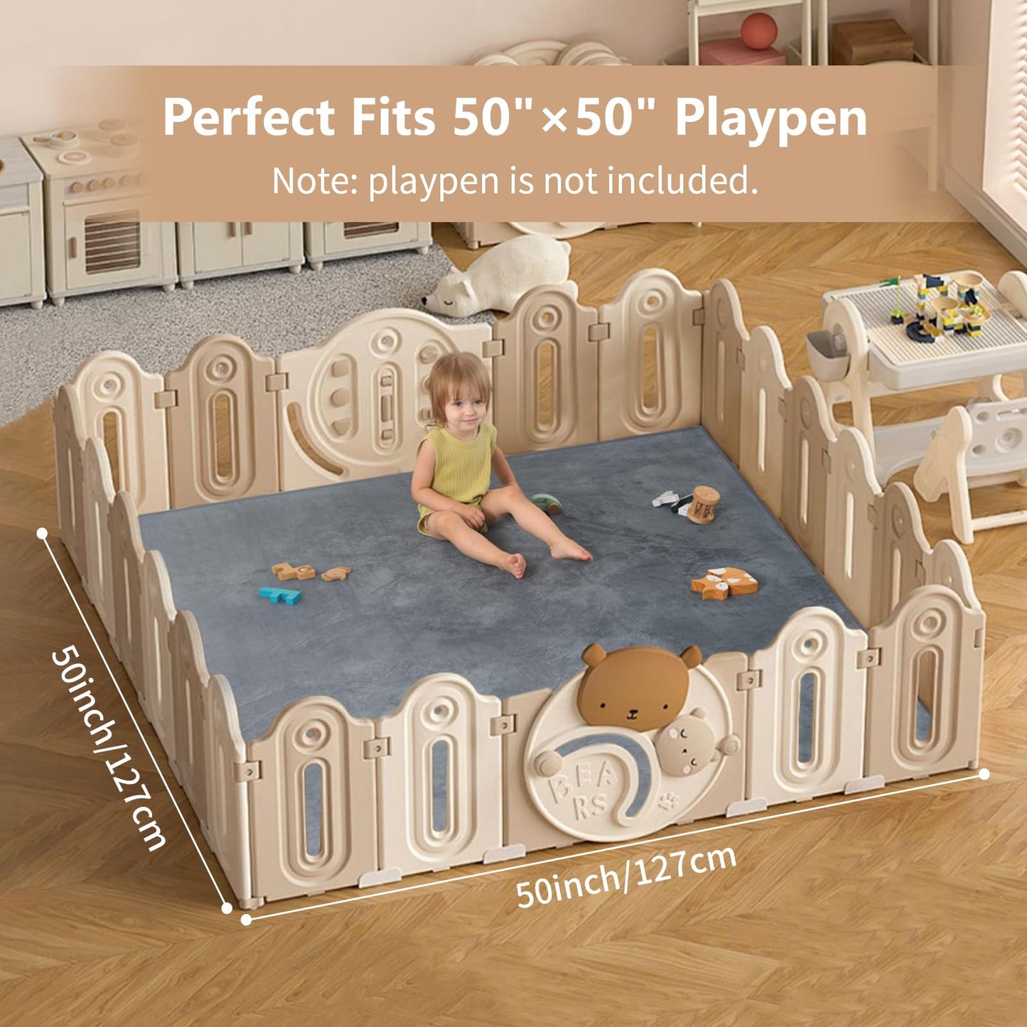 Huloo Sleep Baby Play Mat for Floor,1.3" Thick Elasti-Foam 50"×50" Playpen Mat for Tummy Time,Water Repellent Soft Coral Velvet for Toddler,Infant,Kids,Non-Slip Backing Safe for Crawling(Dark Grey)