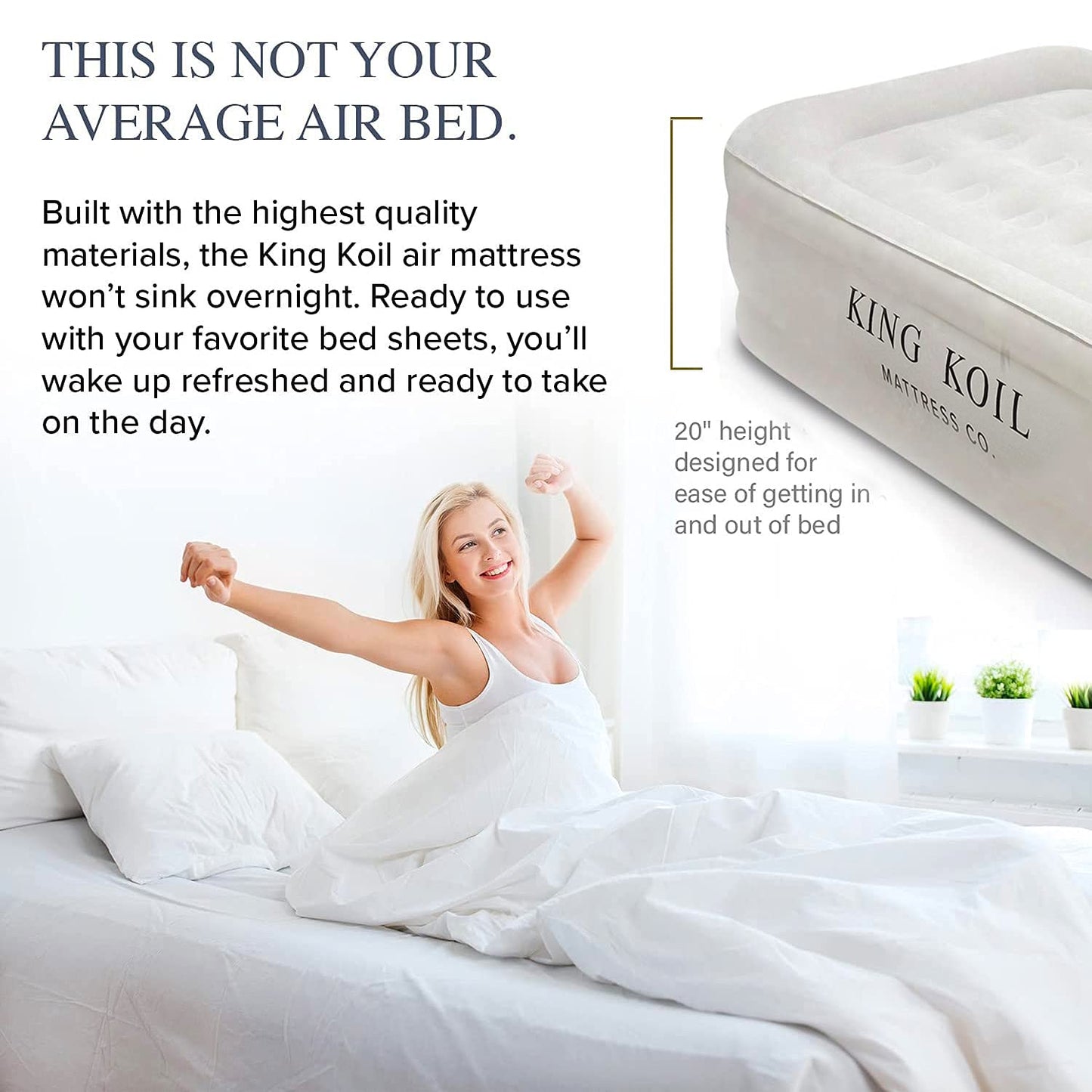 King Koil Plush Pillow Top Twin Air Mattress with Built-in High-Speed Pump for Camping, Home & Guests - 20” Twin Size Airbed Luxury Inflatable Blow Up Mattress, Waterproof, 1-Year Warranty