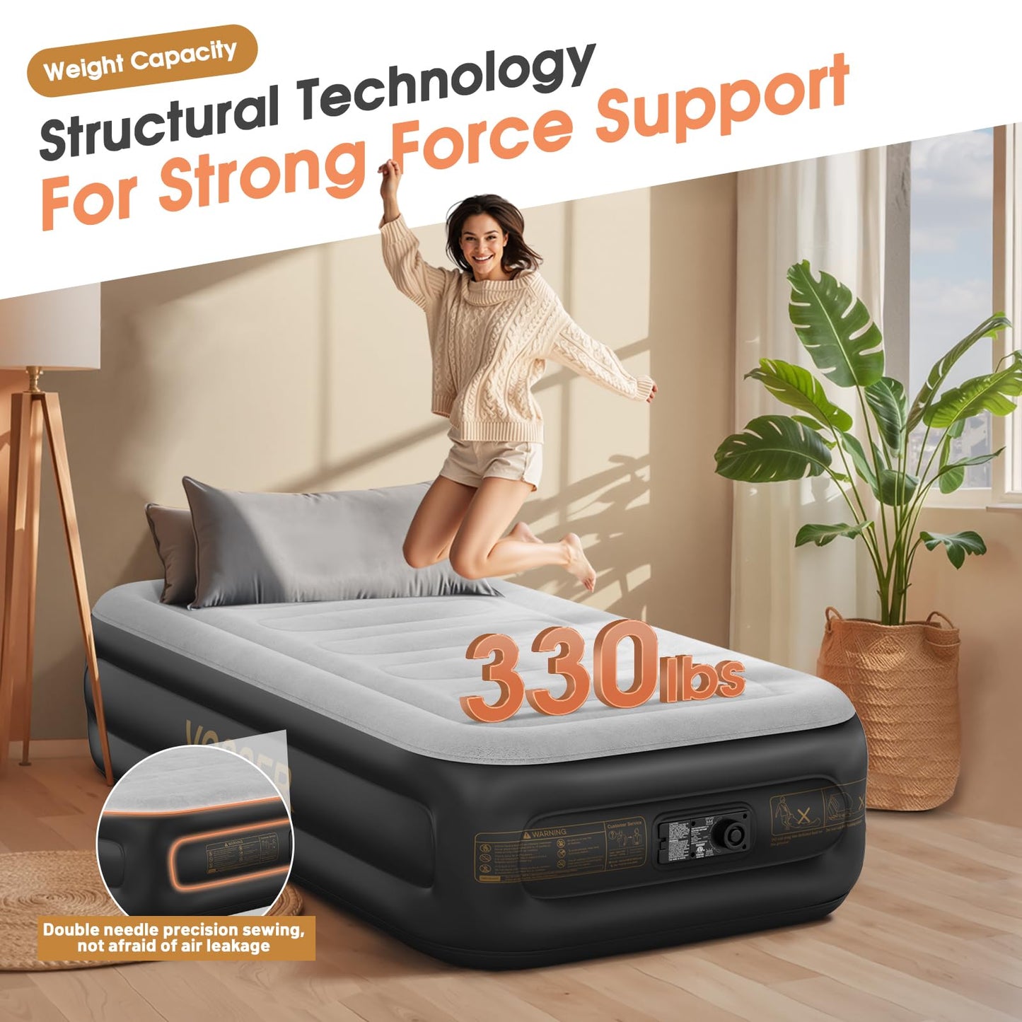 VOSSER Air Mattress Twin with Built in Pump,18''Blow up Mattress 2 Mins Self-Inflation/Deflation,Thicker Inflatable Mattress Leak-Proof,Flocked Top Air Bed with Storage Bag for Home, Camping & Guests