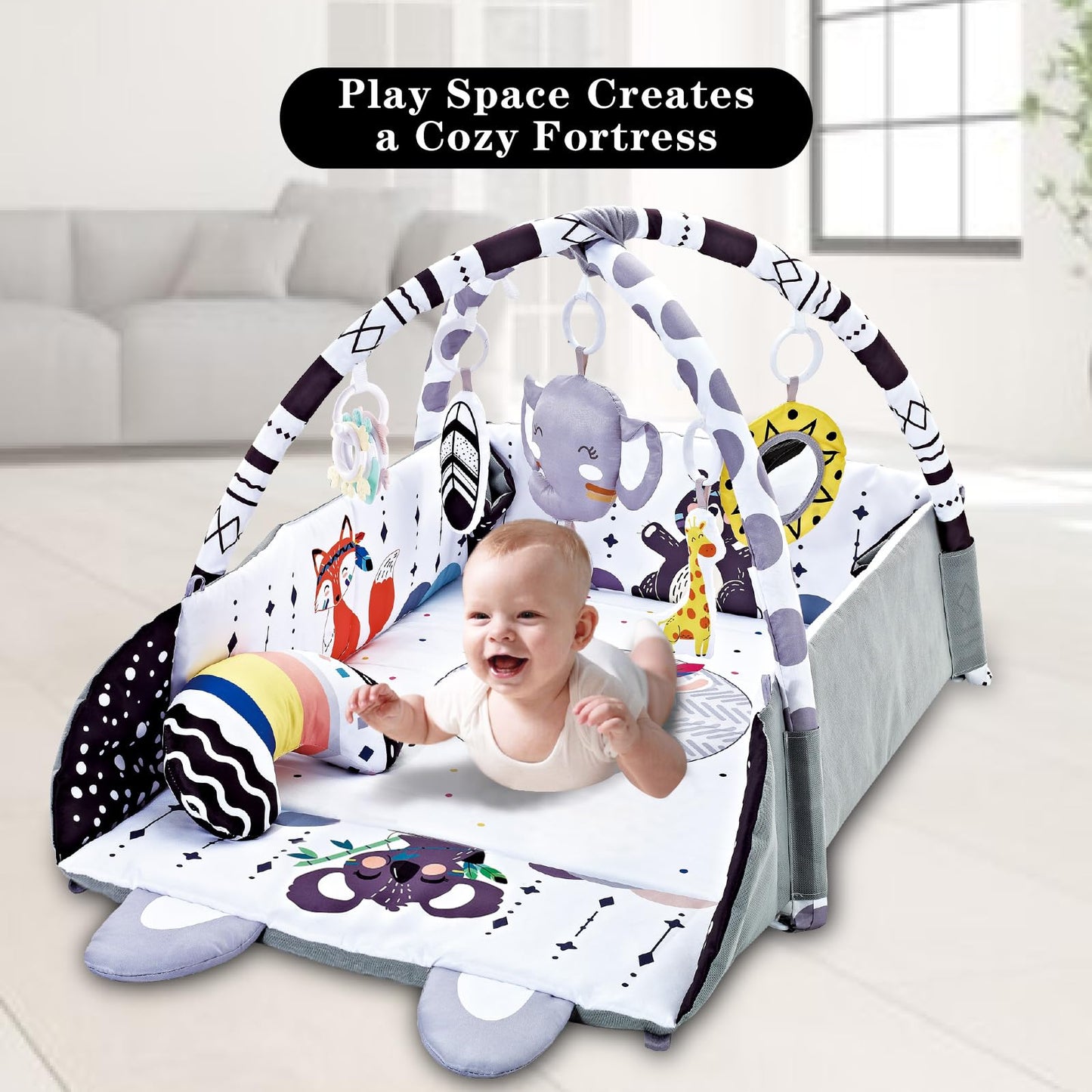 TFDER Baby Gym Play Mat, 8-in-1 Tummy Time Mat & Activity Gym, Washable Ball Pit, Infant Play Mat with Detachable Toys for Sensory Exploration and Motor Skill Development