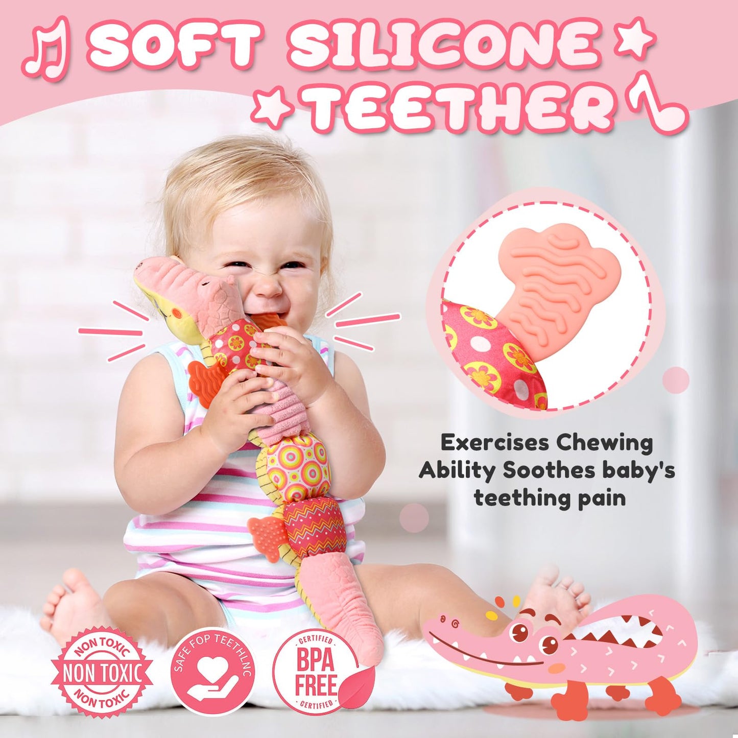 AWOTOY Baby Toys 0 to 12 Months, Musical Stuffed Animal Activity Soft Toys with Multi-Sensory Crinkle, Rattle and Textures,Infant Tummy Time Toys for Newborn Boys Girls, Crocodile, Pink