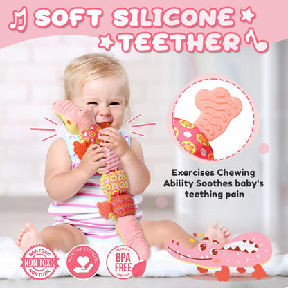 AWOTOY Baby Toys 0 to 12 Months, Musical Stuffed Animal Activity Soft Toys with Multi-Sensory Crinkle, Rattle and Textures,Infant Tummy Time Toys for Newborn Boys Girls, Crocodile, Pink