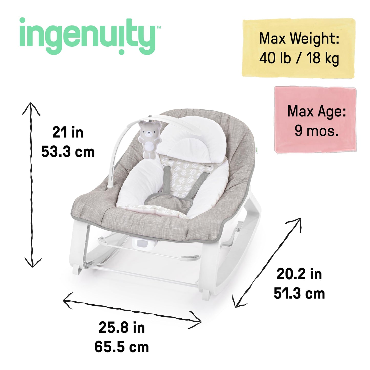 Ingenuity Keep Cozy 3-in-1 Grow with Me Vibrating Baby Bouncer Seat & Infant to Toddler Rocker, Vibrations & Toy Bar, 0-30 Months Up to 40 lbs (Linden)