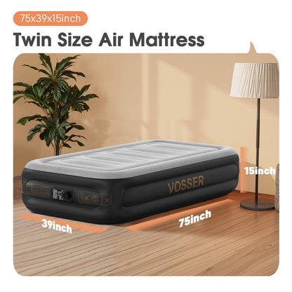 VOSSER Twin Air Mattress with Built in Pump,Inflatable Mattress 2 Mins Self-Inflation/Deflation,Thicker Blow up Mattress Leak-Proof,Flocked Top Air Bed with Storage Bag for Home, Camping & Guests